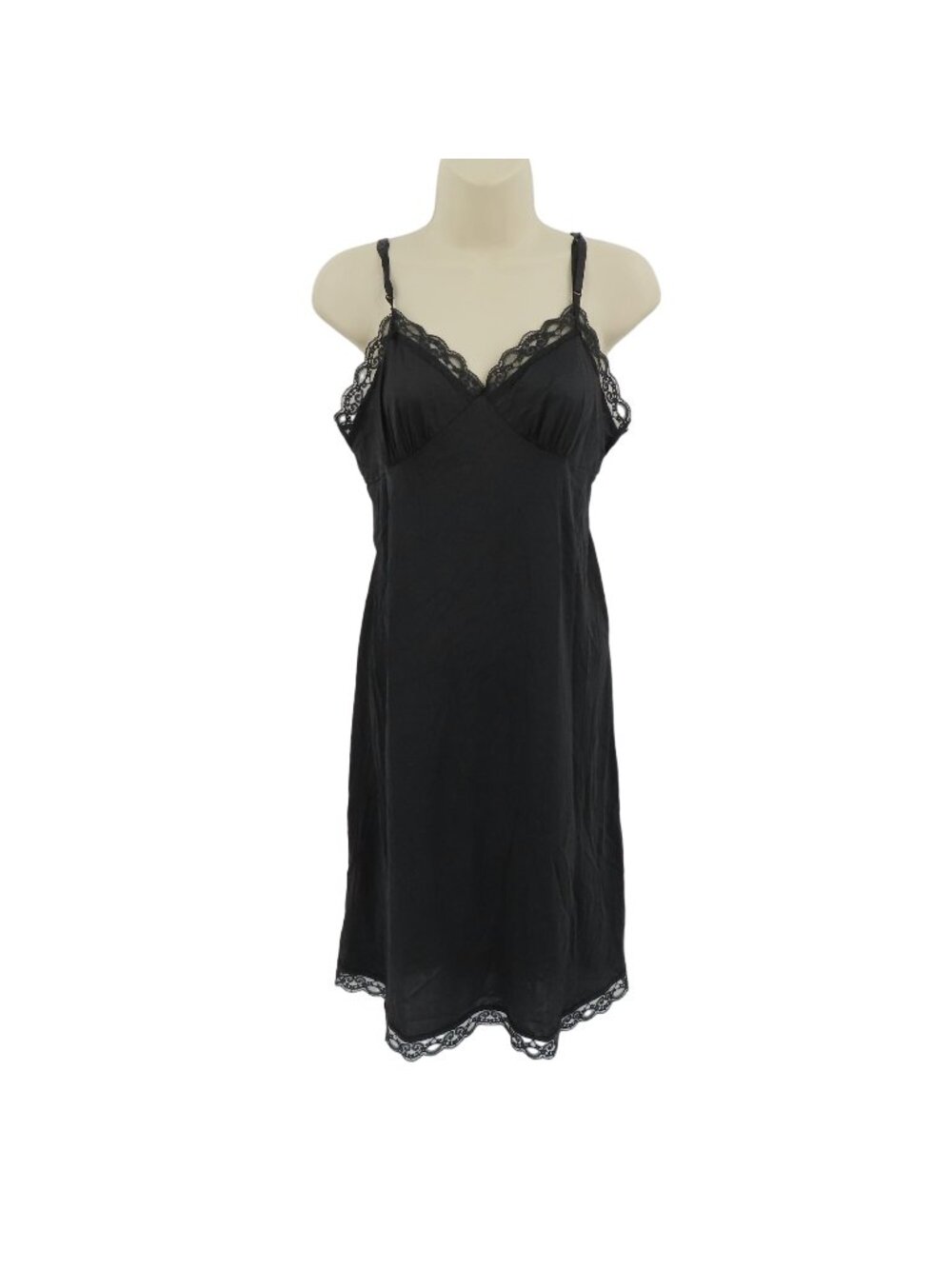 VTG Deena Womens 36 Solid Black 2090 Lace Trim Spaghetti Strap Full Slip Dress